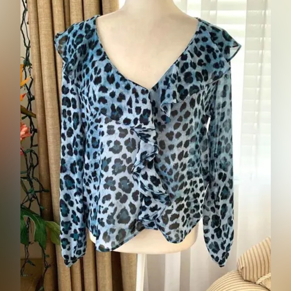 Zara blue animal print ruffled long sleeve blouse